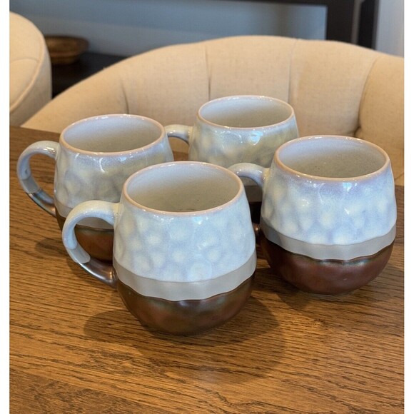 Roscher Set Of 4 Iridescent Metallic Hammered Blue/Brown Stoneware Coffee Mugs